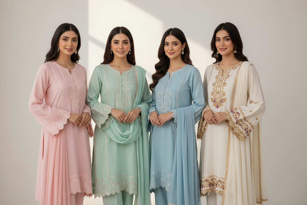 4 girls wearing simple pakistani dress
